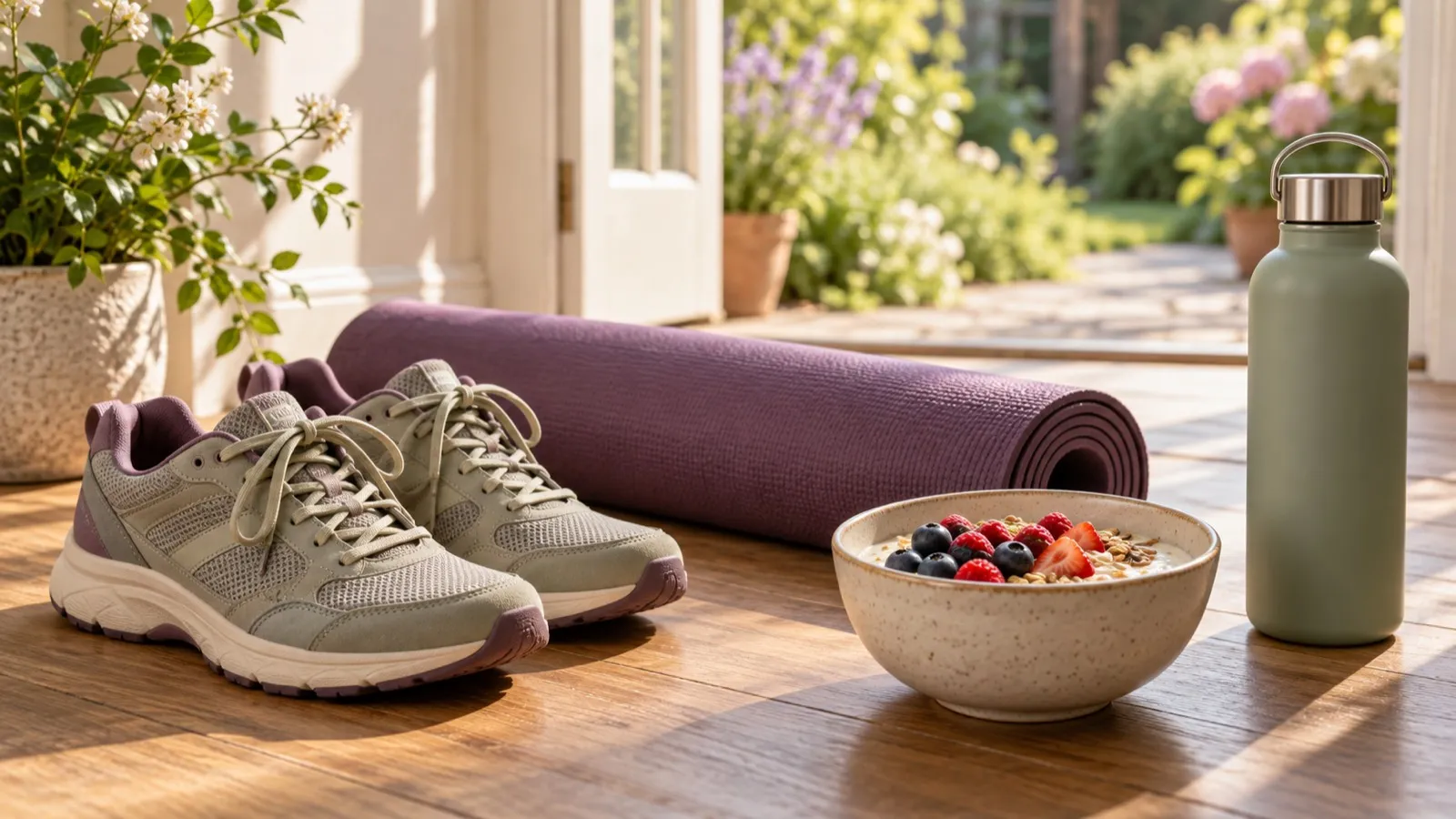 Walking shoes, a rolled exercise mat, a bowl of yogurt with berries and a water bottle on a sunlit wooden floor by an open garden door
