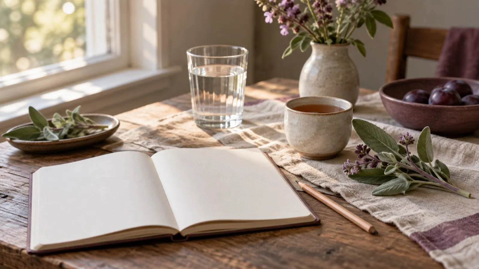 An open blank notebook and pencil on a wooden kitchen table by a window, with a glass of water, a cup of tea and sprigs of sage
