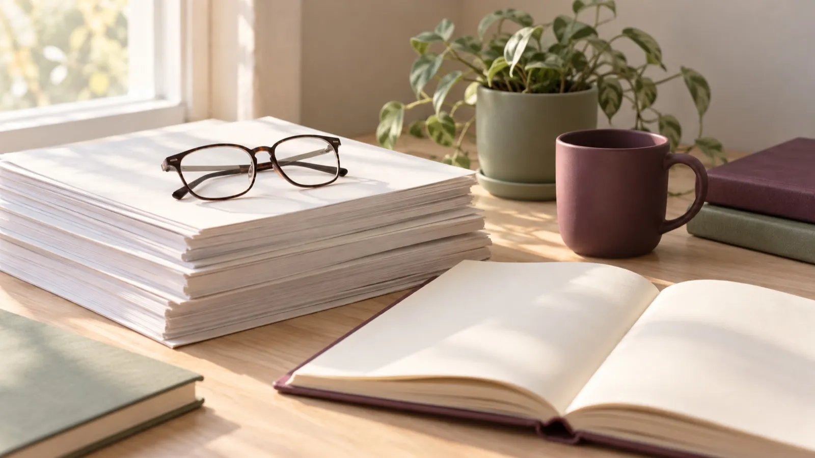 A stack of printed papers with reading glasses on top, an open notebook, a plum mug and a potted plant on a light wooden desk