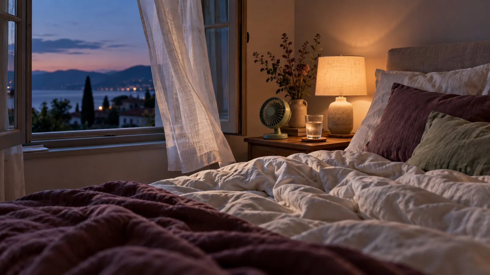 A bed with rumpled white linen at dusk, an open window with a sheer curtain, a small fan and a glass of water on the bedside table