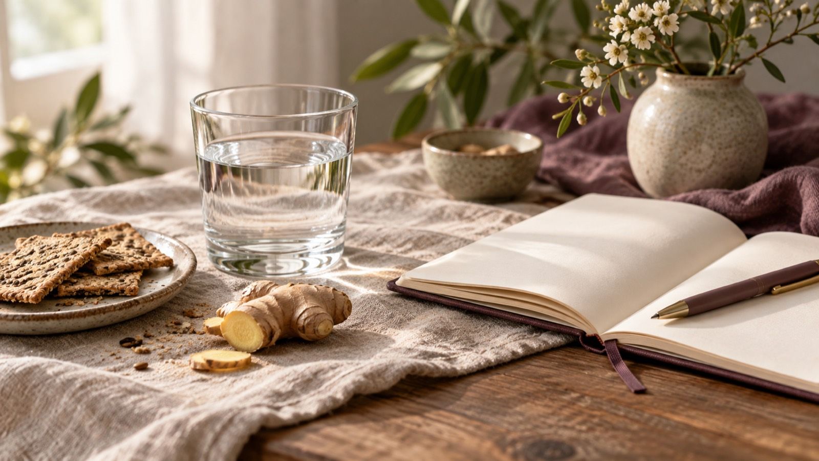 A glass of water, a plate of dry crackers and fresh ginger on a linen cloth beside an open notebook and pen
