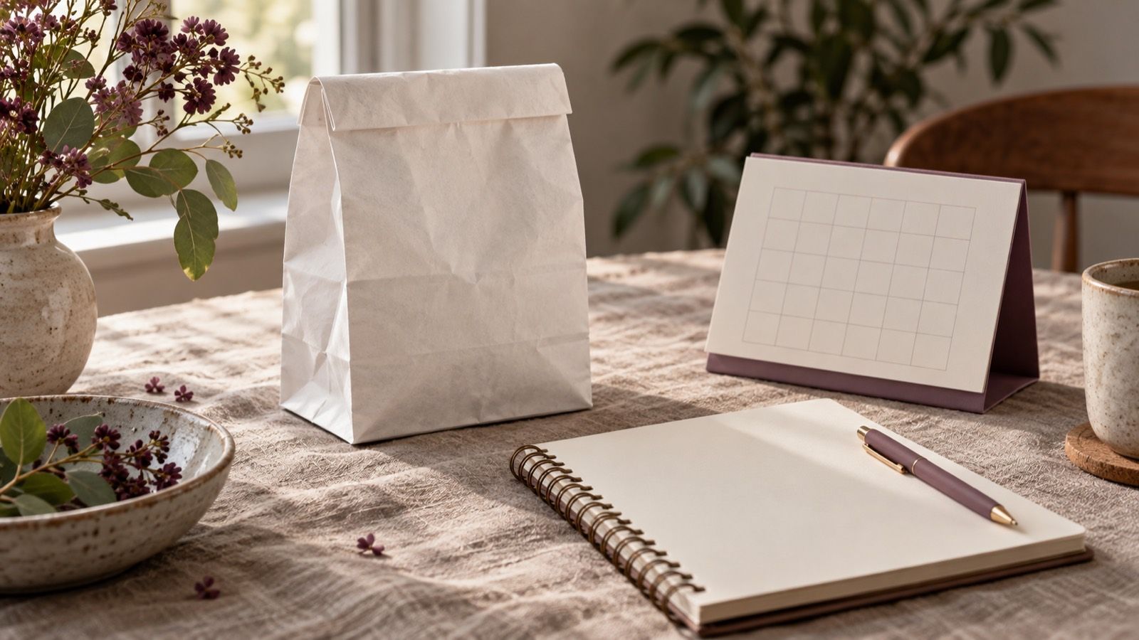 A plain paper pharmacy bag, a blank spiral notebook with a pen and a blank desk calendar on a linen tablecloth in window light